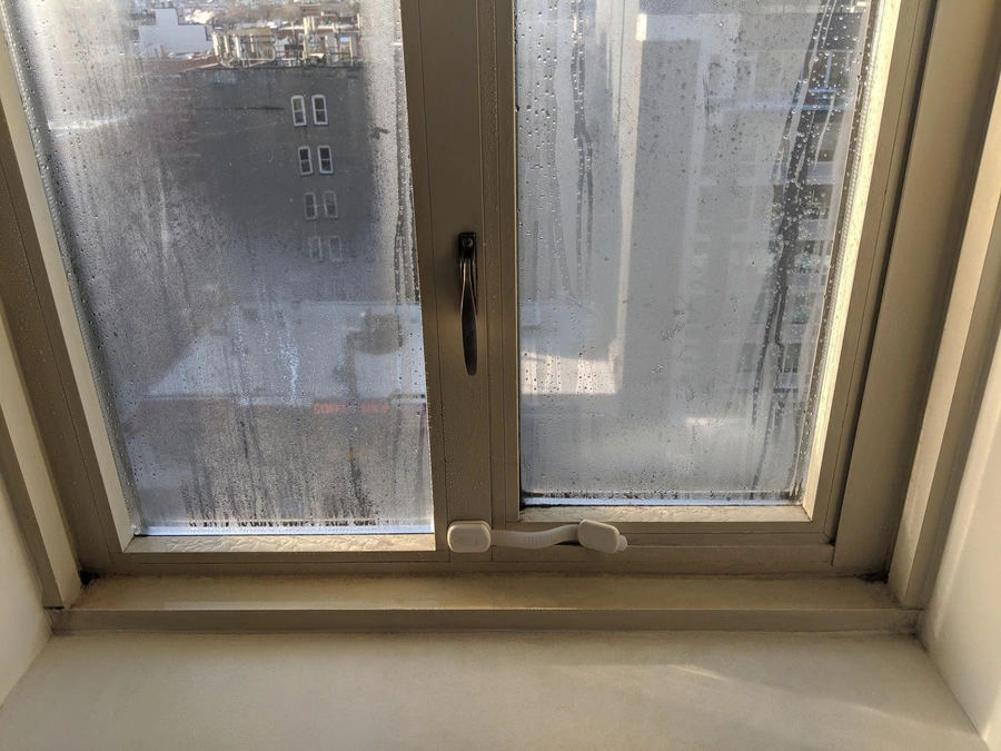 Condensation building up on an apartment window during winter