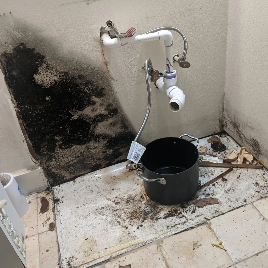 Discolored wall behind a bathroom vanity before inspection