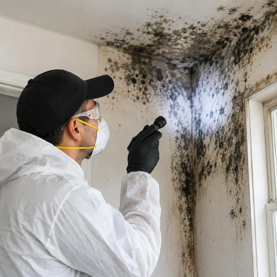 Mold remediation technician inspecting a New York City apartment