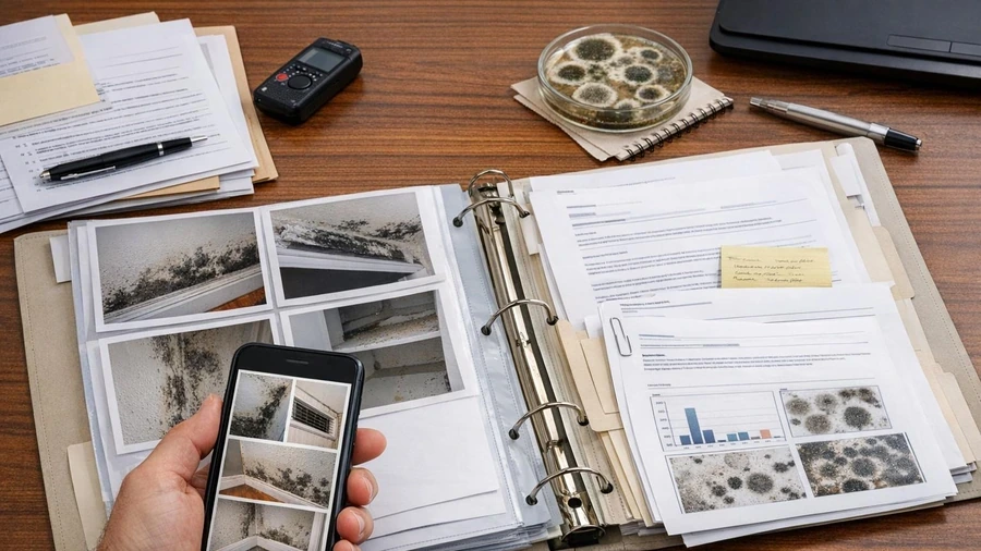Tenant reviewing a stack of unanswered maintenance request letters about an apartment mold problem